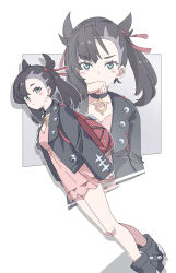 1girl asymmetrical_bangs asymmetrical_hair black_boots black_choker black_hair black_jacket blush boots breasts choker closed_mouth dress earrings green_eyes hair_ribbon highres huanxiang_huifeng jacket jewelry long_sleeves looking_at_viewer marnie_(pokemon) nintendo open_clothes pink_dress pokemon pokemon_swsh red_ribbon ribbon twintails