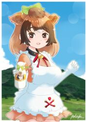 Rule 34 | 1girl, animal ears, back bow, bell, blush, bottle, bow, bowtie, brown eyes, brown hair, brown shirt, cow ears, cow girl, cowboy shot, dress, elbow gloves, extra ears, frilled dress, frilled sleeves, frills, gloves, green bow, hair bow, highres, jersey cattle (kemono friends), kemono friends, kemono friends 3, looking at viewer, milk bottle, multicolored hair, neck bell, puffy short sleeves, puffy sleeves, red bow, red bowtie, redrufu2000, shirt, short hair, short sleeves, solo, sparkle, white dress, white gloves, white hair