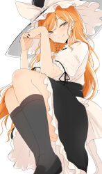 1girl alternate_eye_color apron black_footwear black_nails black_skirt black_socks blonde_hair bow braid breasts constricted_pupils frilled_apron frilled_skirt frills green_eyes hair_bow hat hat_bow highres interlocked_fingers kirisame_marisa legs long_hair medium_breasts necro_(nekurodayo) puffy_short_sleeves puffy_sleeves shirt short_sleeves sidelocks single_braid skirt smile socks solo touhou waist_apron white_apron white_background white_bow white_shirt witch_hat