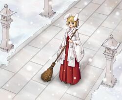 Rule 34 | 1girl, animal ears, blonde hair, blue eyes, blush, breath, broom, brown sandals, commentary request, fake animal ears, full body, hair ribbon, hakama, hakama skirt, highres, holding, holding broom, japanese clothes, kimono, koyuki.a, looking afar, miko, open mouth, path, rabbit ears, ragnarok online, red ribbon, red skirt, ribbon, road, sandals, short hair, skirt, smile, snow, snowing, solo, standing, stone lantern, white kimono, wide sleeves