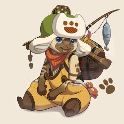 1other animal_hands animal_nose barrel blue_eyes commentary felyne fishing_rod furry green_hat hat highres looking_at_viewer monster_hunter_(series) neckerchief open_mouth other_focus overalls red_neckerchief simple_background sitting snout solo whiskers yekongsky yellow_overalls
