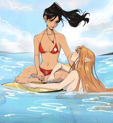 2girls artist_name bikini black_eyes black_hair black_nails blonde_hair breasts commentary earrings english_commentary fins halterneck head_fins highres jewelry long_hair looking_at_another mermaid monster_girl multiple_girls navel ocean original ponytail red_bikini seijousai sitting surfboard swimsuit very_long_hair whistle whistle_around_neck