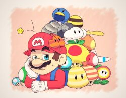 1-up_mushroom 1boy animal_costume bee_mushroom blue_eyes blue_overalls boomerang_flower brown_hair cloud_flower facial_hair fire_flower gloves hand_on_own_cheek hand_on_own_face ice_flower_(mario) looking_at_viewer mario mario_(series) mega_mushroom mini_mushroom mustache nintendo overalls penguin_costume propeller_mushroom red_headwear red_shirt rock_mushroom shirt short_hair simple_background spring_mushroom super_acorn super_bell super_leaf super_mushroom super_star_(mario) syaon_tshscl white_gloves