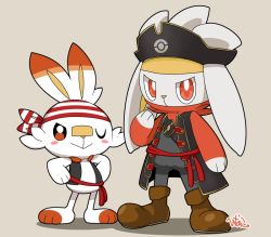 blush_stickers boots brown_eyes brown_footwear closed_mouth clothed_pokemon creatures_(company) game_freak gen_8_pokemon hat hinako_iroiro looking_at_viewer nintendo one_eye_closed pirate_costume pirate_hat pokemon pokemon_(creature) raboot sash scorbunny smile standing symbol-only_commentary toes vest
