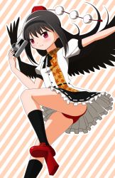 Rule 34 | 1girl, akemi homura, black hair, cadsensei, camera, cosplay, female focus, flying, geta, hat, long hair, mahou shoujo madoka magica, panties, pantyshot, red eyes, red panties, shameimaru aya, shameimaru aya (cosplay), skirt, solo, striped background, tengu-geta, tokin hat, touhou, underwear, upskirt, wings