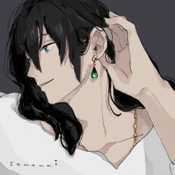 Rule 34 | 1boy, black hair, blue eyes, commentary request, earrings, grey background, hair behind ear, hair between eyes, highres, howl no ugoku shiro, howl pendragon, jewelry, looking to the side, male focus, medium hair, necklace, samenai ymkr, shirt, simple background, smile, solo, twitter username, upper body, white shirt