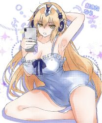 angel blonde_hair bow breasts fate/grand_order fate_(series) headphones highres jeanne_d&#039;arc_(fate) large_breasts long_hair metatron_jeanne_(fate) metatron_jeanne_(second_ascension)_(fate) non-web_source nuuu99999 phone thick_thighs thighs white_background yellow_eyes