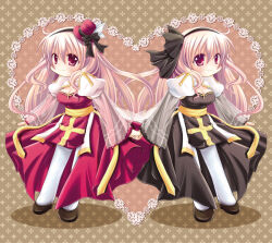 1girl arch_bishop_(ragnarok_online) black_bow black_dress black_hairband black_shoes blush bow bow_hairband breasts brown_background cleavage cleavage_cutout closed_mouth clothing_cutout commentary_request cross dress fishnet_thighhighs fishnets fujii_ryou full_body hairband hat heart heart_background juliet_sleeves large_breasts long_hair long_sleeves looking_at_viewer mini_hat mini_top_hat pink_hair puffy_sleeves ragnarok_online red_dress red_eyes red_hat sash shoes smile thighhighs top_hat two-tone_dress white_dress white_thighhighs yellow_sash