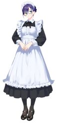 1girl a-chan_(hololive) alternate_costume alternate_hairstyle apron black-framed_eyewear black_dress black_pantyhose black_ribbon black_shoes blue_eyes breasts closed_mouth cohi27151463 commentary dress enmaided expressionless frilled_apron frills full_body glasses hair_bun highres hololive long_sleeves looking_at_viewer maid maid_apron maid_headdress mary_janes neck_ribbon own_hands_together pantyhose pleated_dress purple_hair ribbon shoes short_hair simple_background small_breasts solo standing virtual_youtuber white_apron white_background