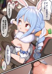 1girl accidental_exposure animal_ear_fluff animal_ears armpit_crease black_gloves black_leotard black_pantyhose blue_hair blush braid breasts carrot_hair_ornament chair close-up commentary_request computer don-chan_(usada_pekora) downblouse food-themed_hair_ornament from_above full_body fur-trimmed_gloves fur_scarf fur_trim gloves hair_ornament highres hololive indoors lemon_snail leotard long_hair looking_to_the_side minecraft multicolored_hair nipples no_bra open_mouth orange_eyes paid_reward_available pantyhose puffy_nipples rabbit-shaped_pupils rabbit_ears rabbit_girl rabbit_tail scarf short_eyebrows sitting small_breasts solo strapless strapless_leotard symbol-shaped_pupils tail thick_eyebrows translation_request twin_braids twintails two-tone_hair usada_pekora usada_pekora_(1st_costume) used_tissue virtual_youtuber white_hair white_scarf window