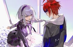 Rule 34 | 1boy, 1girl, binxngchng1, blue hair, braid, braided ponytail, closed mouth, eyecatch, gradient background, highres, hood, hoodie, jacket, kirifuji nozomi, long hair, looking at another, looking down, looking up, neck ribbon, open mouth, pleated skirt, purple background, purple jacket, purple ribbon, red eyes, ribbon, shirt, simple background, skirt, standing, sumino takumi, the hundred line -last defense academy-, tongue, upper body, white background, white hair, white hoodie, white shirt, white skirt, window