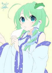 1girl absurdres ahoge bare_shoulders blue_eyes blue_skirt breasts collared_shirt detached_sleeves dot_nose double-parted_bangs eating food frog_hair_ornament green_hair hair_ornament hair_tubes highres huge_breasts kochiya_sanae long_hair long_sleeves looking_at_viewer mochi oyaki_zin patterned_clothing print_skirt shirt signature simple_background single_hair_tube single_sidelock skirt skirt_set sleeveless sleeveless_shirt snake_hair_ornament solo touhou upper_body wide_sleeves yellow_background