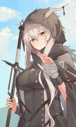Rule 34 | 1girl, absurdres, arknights, bandaged hand, bandages, black cape, black dress, blush, breasts, brown eyes, cape, closed mouth, commentary request, dress, grey horns, hair between eyes, highres, holding, holding sword, holding weapon, hood, hood up, horns, horns through hood, light smile, long hair, looking at viewer, medium breasts, shining (arknights), solo, suzubotan, sword, torn hood, upper body, waving, weapon, white hair