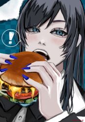 ! 1girl ado_(utaite) aegyo_sal black_hair blue_eyes blue_nails blush burger chando_(ado) commentary_request food hariiiiito10 highres long_hair mole mole_under_eye nail_polish open_mouth sidelocks solo spoken_exclamation_mark spoken_x twitter_username upper_body utaite