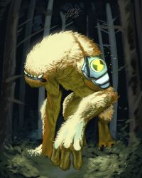 1boy afdsbm alien ben_10 black_lips commentary english_commentary forest full_body glowing highres nature no_eyes no_humans omnitrix outdoors signature solo teeth tree wildmutt yellow_fur