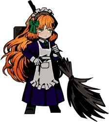 apron bow broom freckles green_eyes hair_bow maid maid_apron orange_hair pixel_art vivian_james