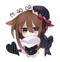 1boy black_headwear black_ribbon blush_stickers bow brown_hair character_name commentary_request hair_between_eyes hair_bow heart heart-shaped_pupils kirby_(series) looking_at_viewer lowres magolor male_focus nintendo personification red_bow ribbon scarf short_hair_with_long_locks simple_background solo striped_clothes striped_headwear striped_ribbon symbol-shaped_pupils usagi_nui vertical-striped_clothes vertical-striped_headwear white_background white_scarf