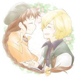 10s 1boy 1girl ^_^ aino_yumeri blonde_hair blush bow braid brown_hair capelet enterbrain closed_eyes fingerless_gloves freckles gloves holding_hands hat hetero isuzu_(log_horizon) log_horizon long_hair long_sleeves lunderhaus_cord short_hair single_braid smile tears