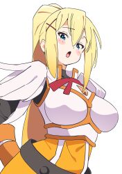 Rule 34 | 1girl, :o, armor, blonde hair, blue eyes, blush stickers, boobplate, breastplate, commentary, darkness (konosuba), hair between eyes, hair ornament, highres, kono subarashii sekai ni shukufuku wo!, long hair, looking at viewer, noyama takenoko, open mouth, pauldrons, ponytail, shoulder armor, simple background, solo, very long hair, white background, x hair ornament