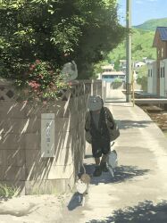 1boy bag black_shoes bridge building carrying cat child commentary day dog_mask flower highres kusamie original outdoors red_flower shadow shoes shorts solo sunlight symbol-only_commentary town tree walking