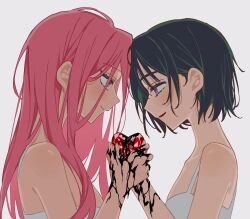 2girls alien_stage black_blood black_hair blood blood_on_hands commentary english_commentary forehead-to-forehead from_side heads_together heart-shaped_gem highres holding_hands mizi_(alien_stage) multiple_girls pink_hair purple_eyes ryllychee sleeveless smile sua_(alien_stage) yellow_eyes