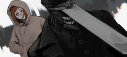 1boy 1girl black_coat blank_eyes brown_eyes brown_hair chainsaw_man coat expressionless grey_hoodie grey_jacket hands_in_pockets hat highres hood hood_up hoodie hybrid jacket katana katana_man_(chainsaw_man) long_coat looking_to_the_side medium_hair military_hat nakano_(2_mannaka) open_mouth sawatari_akane_(chainsaw_man) sword two-tone_background weapon
