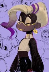 1girl blonde_hair cowboy_shot donkey_kong donkey_kong_(series) donkey_kong_bananza earrings eyeshadow glasses jewelry kimberly_jackson lipstick looking_back makeup mihnt_0 multicolored_hair nintendo princess_peach purple_eyes purple_hair semi-rimless_eyewear sketch solo solo_focus streaked_hair street_fighter street_fighter_6 yellow_eyes yellow_lips