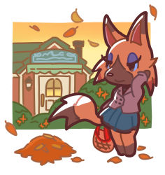 1girl animal_crossing autumn_leaves bag blue_skirt handbag highres kopa_nishikida leaf leaf_pile looking_afar nintendo peacoat skirt standing vivian_(animal_crossing) white_background