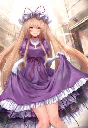 1girl :d blonde_hair blush bug building butterfly choker dress elbow_gloves feet_out_of_frame frilled_dress frills gloves hat hat_ribbon highres insect knees_together_feet_apart lens_flare light_particles long_hair looking_at_viewer mob_cap open_mouth outdoors puffy_short_sleeves puffy_sleeves purple_dress red_ribbon ribbon ribbon_choker short_sleeves skirt_hold smile solo standing sunlight teruteru12 touhou very_long_hair waist_ribbon white_gloves white_hat yakumo_yukari yellow_eyes