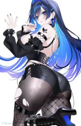 1girl 707arisu alternate_costume ass black_boots black_nails black_pantyhose black_shorts black_sleeves blue_eyes blue_hair boots breasts colored_inner_hair colored_shoe_soles cross cross-laced_clothes cross-laced_top cross_earrings detached_sleeves earrings fishnet_thighhighs fishnets from_behind goth_fashion hair_intakes hair_ornament hairclip hands_up heart heart_o-ring high_heel_boots high_heels highres hololive hololive_english jewelry knee_boots lace-up_boots large_breasts long_hair long_sleeves looking_at_viewer looking_back multicolored_hair nail_polish o-ring ouro_kronii pantyhose parted_bangs short_shorts shorts sideboob simple_background solo spiked_ear_piercing thighhighs thighhighs_over_pantyhose torn_clothes torn_pantyhose very_long_hair virtual_youtuber white_background