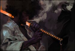 Rule 34 | 1boy, afro, afro samurai, afro samurai (character), black hair, dark-skinned male, dark skin, highres, holding, holding sword, holding weapon, japanese clothes, katana, male focus, smoke, smoking, solo, sword, weapon, whitehogiii