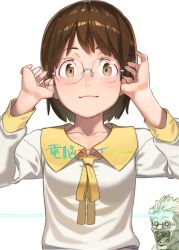 2girls adjusting_eyewear blush brown_eyes brown_hair copyright_name dennou_coil glasses highres laser looking_at_viewer multiple_girls nishida_kiri okonogi_sanae okonogi_yuuko ribbon short_hair smile solo_focus title upper_body white_background