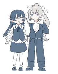 2girls absurdres bespectacled blue_eyes blue_jacket blue_pants blue_shoes blue_vest closed_mouth cosplay fukurai_azami fukurai_azami_(cosplay) full_body glasses grin hamu_(hamusand) highres higuchi_kaede jacket long_hair looking_at_viewer multiple_girls nijisanji pants pantyhose ponytail shirt shoes simple_background smile sparkle teeth tomarigi_yasumi tomarigi_yasumi_(cosplay) toshi_densetsu_kaitai_center tsukino_mito vest white_background white_pantyhose white_shirt