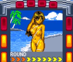1girl beach breasts brown_hair cloud grey_eyes island large_breasts long_hair looking_at_viewer navel nipples nude ocean pachinko_tetsujin_nanaban_shoubu palm_tree pixel_art pubic_hair pussy saiwai_hiroshi sand sky standing thigh_strap tree water