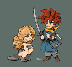 1boy 1girl :d artist_name ayla_(chrono_trigger) bag bandana blonde_hair brown_shirt chrono_trigger cloak closed_mouth commentary_request crono_(chrono_trigger) curly_hair full_body fur_bikini green_eyes grey_background grey_eyes holding holding_sword holding_weapon katana kneeling leather_wrist_straps light_blush long_hair looking_at_another looking_at_object medium_hair open_mouth red_hair satchel scarf shirt simple_background smile spiked_hair standing sword uzutanco weapon white_bandana yellow_scarf