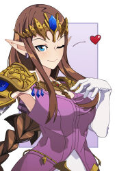 1girl ;) armor armpits blue_eyes blush breasts brown_hair commentary english_commentary gloves heart highres large_breasts long_hair looking_at_viewer nintendo nisego one_eye_closed pauldrons pointy_ears princess_zelda shoulder_armor sidelocks smile solo the_legend_of_zelda the_legend_of_zelda:_twilight_princess tiara upper_body white_background white_gloves