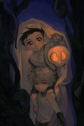 2boys black_pants black_shirt black_shoes blue_eyes brown_eyes carrying carrying_person closed_mouth crew_neck dot_nose gelb gon_freecss grey_hair halloween halloween_costume hand_on_another&#039;s_knee highres holding holding_lantern hunter_x_hunter killua_zoldyck lantern looking_to_the_side looking_up male_focus multiple_boys overalls pants sheet_ghost shirt shoes sideways_glance skull white_shirt wing_collar