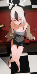 1girl absurdres alcohol ball bare_legs billiard_ball black_choker black_hair blue_archive blush breasts bright_pupils brown_cardigan cardigan cardigan_partially_removed checkered_floor choker clothing_cutout cup demon_horns double-parted_bangs double_strap_slip dress drinking_glass grey_hair hair_between_eyes halo highres horns indoors kayoko_(blue_archive) kayoko_(dress)_(blue_archive) leaning_on_object looking_at_viewer multicolored_hair no_wings official_alternate_costume pool_table red_eyes small_breasts solo strapless strapless_dress table toriko_(honmono) two-tone_dress two-tone_hair white_hair white_pupils wine wine_glass