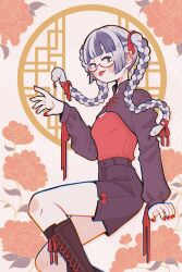 1girl :p black_hair black_shoes black_shorts blunt_bangs blunt_ends boots braid breasts bright_pupils brown_shoes chinese_clothes feet_out_of_frame floral_background flower forked_tongue glasses grey_eyes grey_hair hair_ribbon hand_up high-waist_shorts highres knee_boots lace-up_boots long_hair long_sleeves looking_at_viewer multicolored_hair nail_polish nemupan original red-framed_eyewear red_nails red_ribbon red_shirt ribbon semi-rimless_eyewear shirt shirt_tucked_in shoes shorts shrug_(clothing) sitting snake snake_hair solo streaked_hair tongue tongue_out twin_braids under-rim_eyewear white_hair white_pupils white_snake window