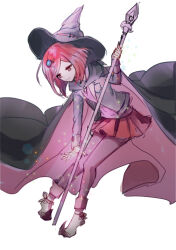 1girl black_cloak black_jacket cloak collared_jacket collared_shirt danganronpa_(series) danganronpa_v3:_killing_harmony full_body gem_hair_ornament hair_ornament hat hat_belt holding holding_staff hood hooded_cloak jacket knees_together_feet_apart long_sleeves magic pantyhose pleated_skirt pointy_footwear red_eyes red_hair red_skirt school_uniform senet17 shirt short_hair simple_background skirt smile staff third-party_source white_background witch_hat yumeno_himiko
