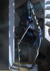 1boy 1girl absurdres balancing black_dress black_hair blue_archive blue_eyes bottomless breasts china_dress chinese_clothes convenient_censoring doodle_sensei_(blue_archive) double_bun dress from_side full_body glowing glowing_eyes gun hair_bun highres indoors kisaki_(blue_archive) ktl_suda leg_up looking_at_viewer navel no_halo no_panties peeking poster_(object) see-through_silhouette sensei_(blue_archive) small_breasts solo_focus standing standing_on_one_leg stretching twintails weapon window