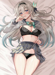 1girl adapted_costume bed bed_sheet black_bow black_bra black_hairband black_panties blue_eyes blush bow bow_bra bow_panties bowtie bra breasts cleavage clothes_lift commentary feet_out_of_frame fingernails firefly_(honkai:_star_rail) firefly_(spring_missive)_(honkai:_star_rail) from_above gradient_hair green_bow green_bowtie green_hair green_pupils grey_hair grey_sailor_collar grey_shirt grey_skirt hair_between_eyes hair_bow hairband hand_up harimoji high-waist_skirt highres honkai:_star_rail honkai_(series) lifting_own_clothes linea_alba long_sleeves looking_at_viewer lying medium_breasts multicolored_eyes multicolored_hair official_alternate_costume on_back on_bed open_mouth paid_reward_available panties plaid_clothes plaid_skirt purple_eyes sailor_collar school_uniform serafuku shirt shirt_lift skirt skirt_lift solo stomach sweat thigh_gap thighs two-tone_eyes underwear