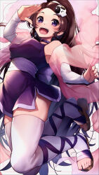Rule 34 | 1girl, :d, absurdres, back bow, bare shoulders, black choker, black hair, blush, bow, breasts, choker, commentary request, curvy, detached sleeves, dress, elysia de lute ima, eyelashes, feet, feet up, foreshortening, from below, full body, hair ornament, hand up, happy, highres, jumping, kami nomi zo shiru sekai, leg ribbon, long hair, looking at viewer, marutenmaruten, medium breasts, open mouth, pink shawl, ponytail, purple dress, purple eyes, purple ribbon, ribbon, salute, sandals, sash, shawl, short dress, simple background, skull hair ornament, sleeveless, sleeveless dress, sleeves past wrists, smile, solo, teeth, thighhighs, thighs, toes, upper teeth only, very long hair, white background, white bow, white sash, white sleeves, white thighhighs, zettai ryouiki