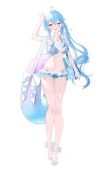 1girl absurdres ahoge aki_uzuki3 bikini blue_bikini blue_hair blush breasts cleavage elf full_body heart heart_ahoge highres hololive large_breasts long_hair multicolored_hair pink_hair pointy_ears see-through_clothes see-through_shirt shirt side_ponytail simple_background solo swim_ring swimsuit tied_shirt two-tone_hair virtual_youtuber white_background white_shirt yellow_eyes yukihana_lamy