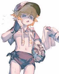1boy 1other aotu_world baseball_cap black_gloves black_hat black_shorts blonde_hair blue_eyes chinese_commentary clothes_lift cowboy_shot fingerless_gloves food fruit gloves hair_between_eyes hat highres holding holding_food holding_fruit holding_towel holding_watermelon hood hoodie hot king_(aotu_world) looking_at_viewer male_focus midriff navel notice_lines open_mouth pointy_ears shirt_lift short_hair short_shorts short_sleeves shorts simple_background sketch solo_focus sweat towel watermelon white_background white_gloves white_hoodie wiping_face wiping_sweat xian8737