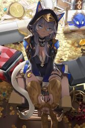 1girl absurdres animal_ears animal_hood aragiken black_leotard blue_eyes boots breasts cat_ears cat_girl cat_hood cat_tail cipher_(honkai:_star_rail) cleavage coin commentary gold_boots gold_coin grey_hair highres honkai:_star_rail honkai_(series) hood hooded_leotard leotard looking_at_viewer medium_breasts short_hair_with_long_locks sitting sitting_on_object smile solo tail thigh_boots thighs treasure treasure_chest