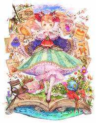 1girl aqua_eyes ascot avalon_code bad_id bad_pixiv_id bench bird bloomers book bookmark bottle bread brown_hair cloud cloudy_sky female_focus flower food frilled_sleeves frills gem hair_ribbon herb highres lamp leaf meenya open_book open_mouth outstretched_arms oversized_clothes paper pig poker ribbon sign skirt sky solo spread_arms stitched stitches stuffed_animal stuffed_toy teddy_bear third-party_edit twintails underwear yogisya