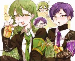 2boys armband black_jacket black_sweater border can collared_shirt drooling drunk enkephalin_(project_moon) green_armband green_hair green_necktie happy_birthday holding holding_can jacket lobotomy_corporation long_hair looking_at_viewer male_focus multiple_boys necktie netzach_(project_moon) open_mouth project_moon purple_armband purple_hair q38jkwbeuo7116 shirt short_hair simple_background sweater upper_body white_border white_shirt yellow_background yellow_eyes yesod_(project_moon)