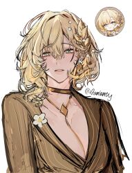 Rule 34 | 1girl, aglaea (fashion) (honkai: star rail), aglaea (honkai: star rail), blonde hair, breasts, brown vest, cleavage, gamlamey, gold choker, hashtag-only commentary, highres, honkai: star rail, honkai (series), large breasts, laurel crown, official alternate costume, reference inset, short hair, simple background, solo, twitter username, upper body, vest, white background