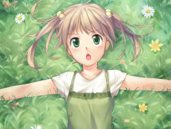 1girl :o artist_request blonde_hair blush casual dress flower game_cg grass green_dress green_eyes hair_bobbles hair_ornament ibarazaki_emi katawa_shoujo long_hair lying non-web_source official_alternate_costume on_back on_grass open_mouth outstretched_arms shirt short_sleeves solo spread_arms teeth twintails upper_body upper_teeth_only white_flower white_shirt yellow_flower